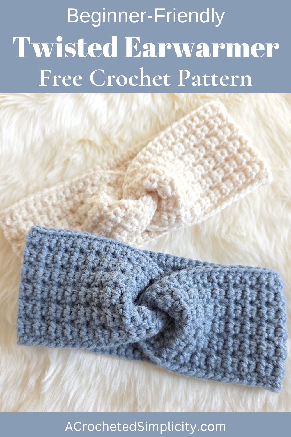 A gray crochet ear warmer and white crochet ear warmer against a white background.