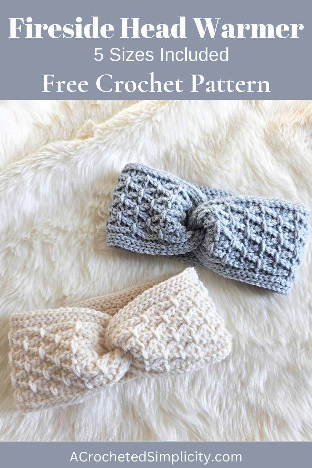 A gray crochet ear warmer and white crochet ear warmer against a white background.