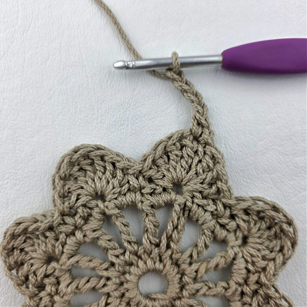 Round 5 of a crochet granny square motif.