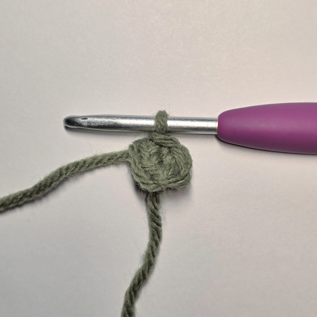 Working a green leaf with a purple crochet hook.