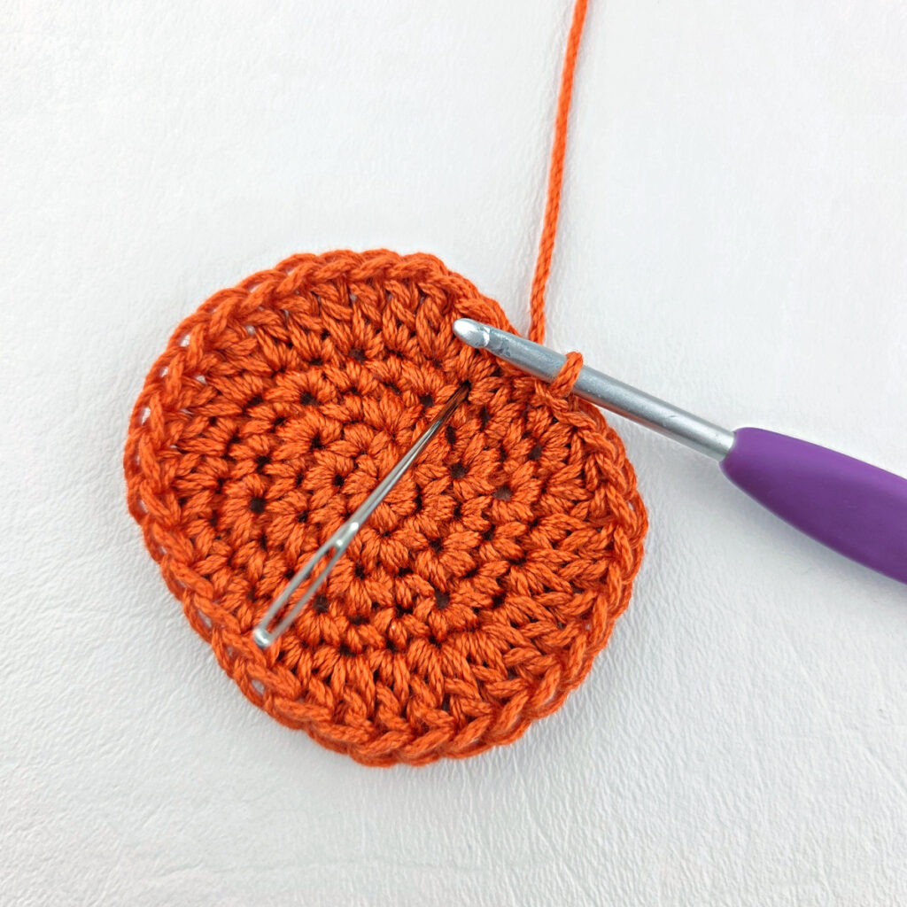 A yarn needle showing where to insert a crochet hook into a crochet pumpkin applique.