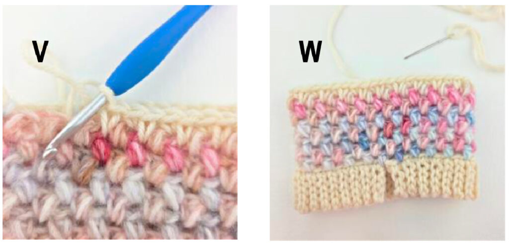 Close-up showing hook placement to work spiked single crochet stitches.