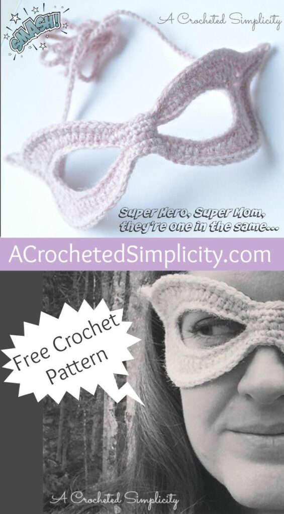 A split image with a crochet super hero mask laying on a desk and being worn by a woman.