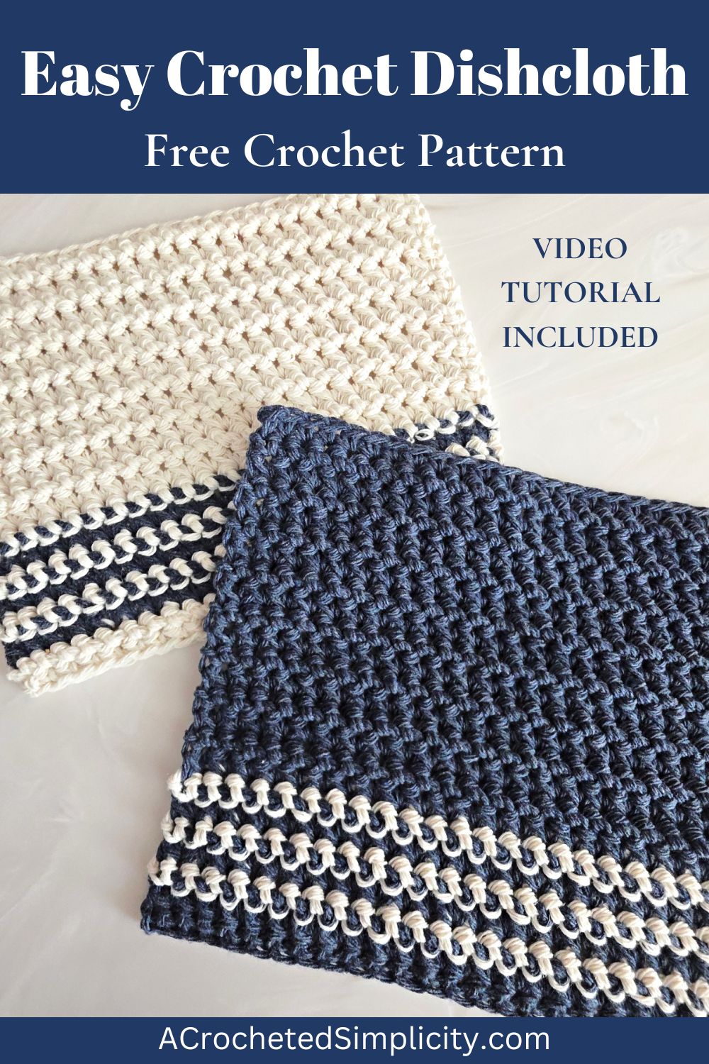 Blue and white crochet dishcloth against a marble background.