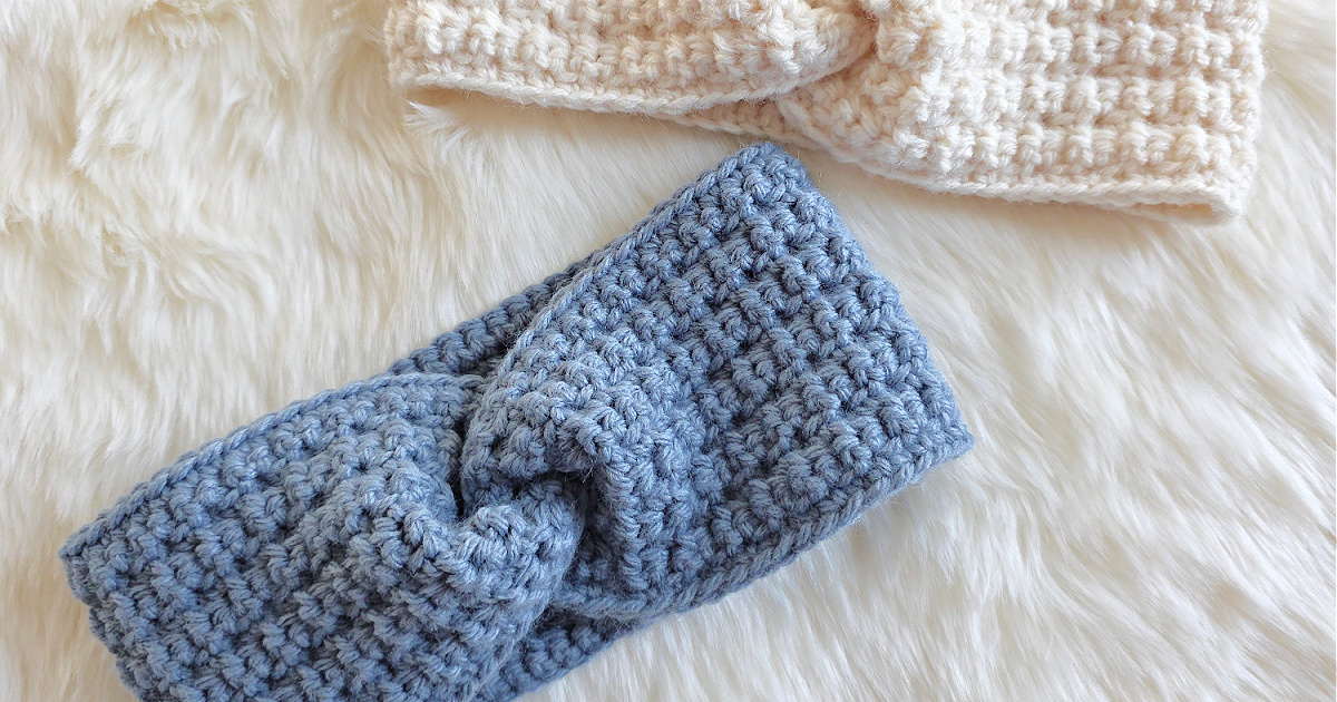 A gray crochet ear warmer and white crochet ear warmer made from a crochet ear warmer pattern against a white background.