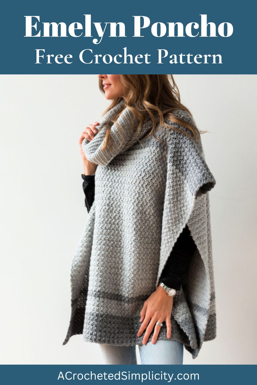 Woman wearing a gray poncho and faded blue jeans.