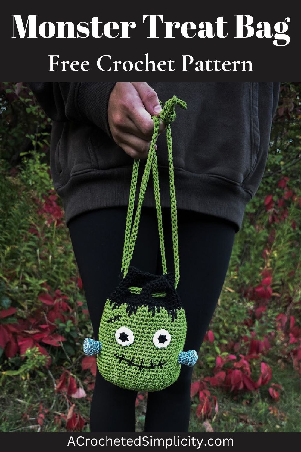 A person standing outside holding a Frankenstein's Monster Crochet Treat Bag.