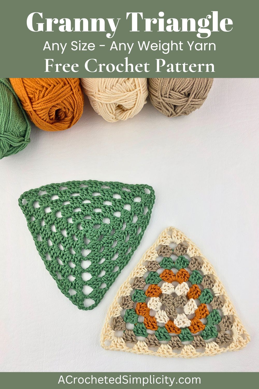 Solid green and multicolored crochet granny triangles on a white background with balls of yarn in the corner.
