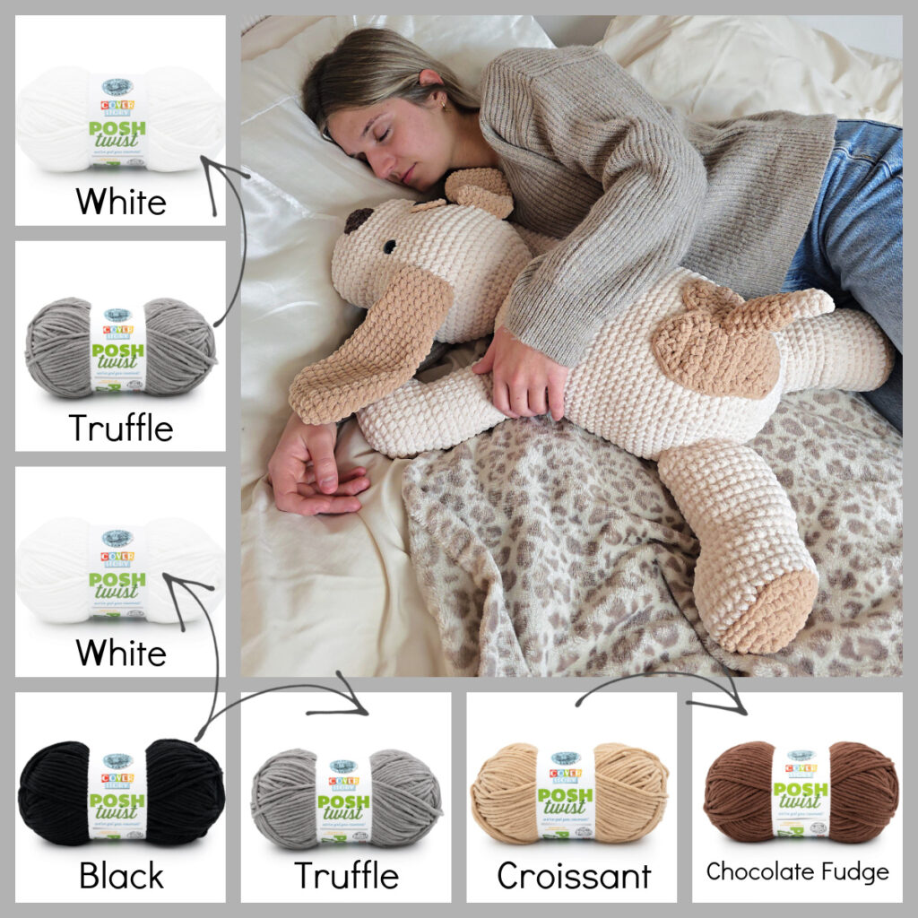 Young girl laying in bed with a big crochet dog and color swatches of yarn showing what color combinations you can make him in.
