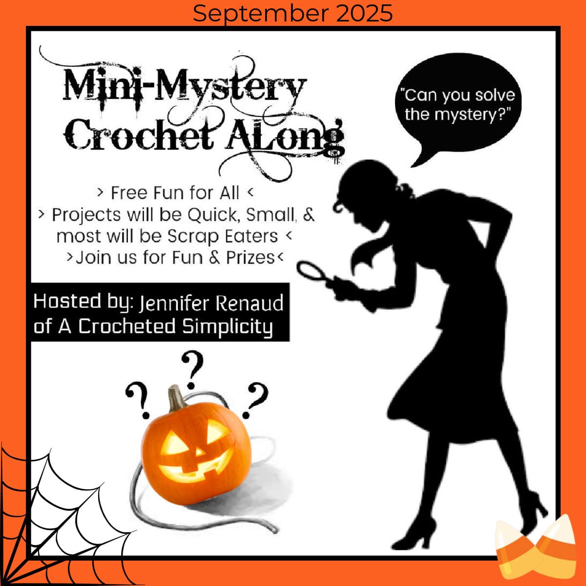 Orange, black, and white mini-mystery crochet along graphic with a pumpkin and candy corn.