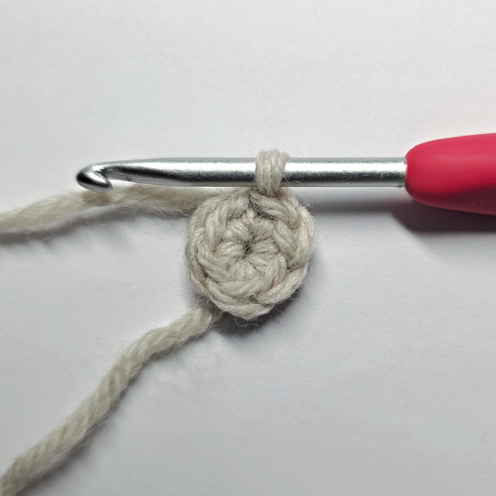 Round one of a crochet poinsettia and a red crochet hook.