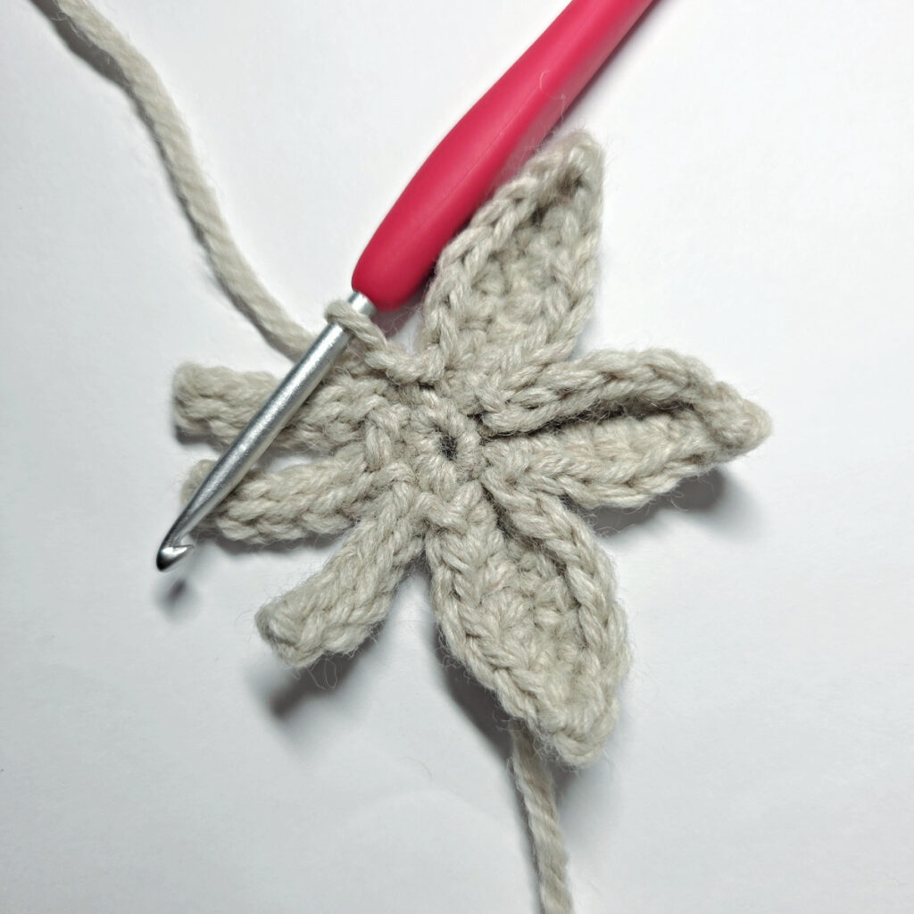 Three poinsettia bracts crocheted in round three.