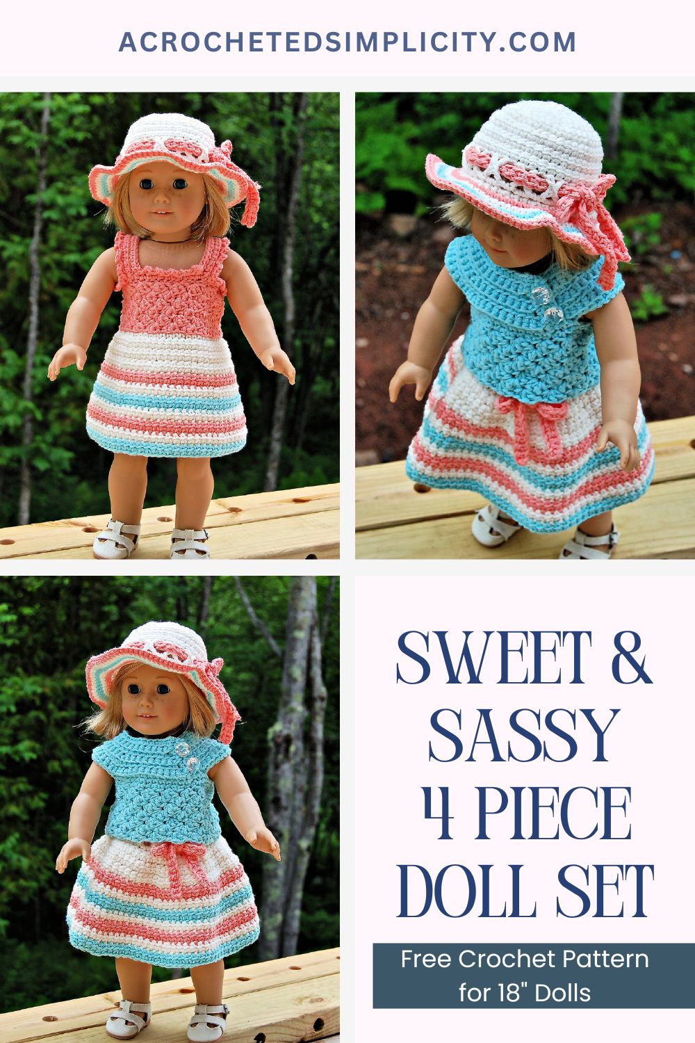 An 18" doll wearing variations of a colorful crochet doll dress with a sunhat.