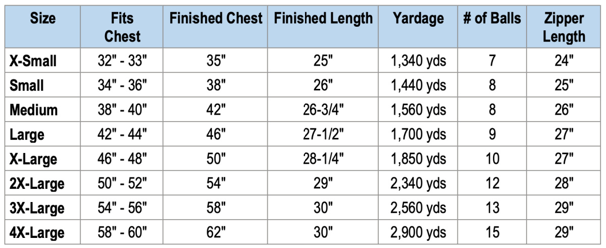 Everett Crochet Mens Cardigan Size Chart.